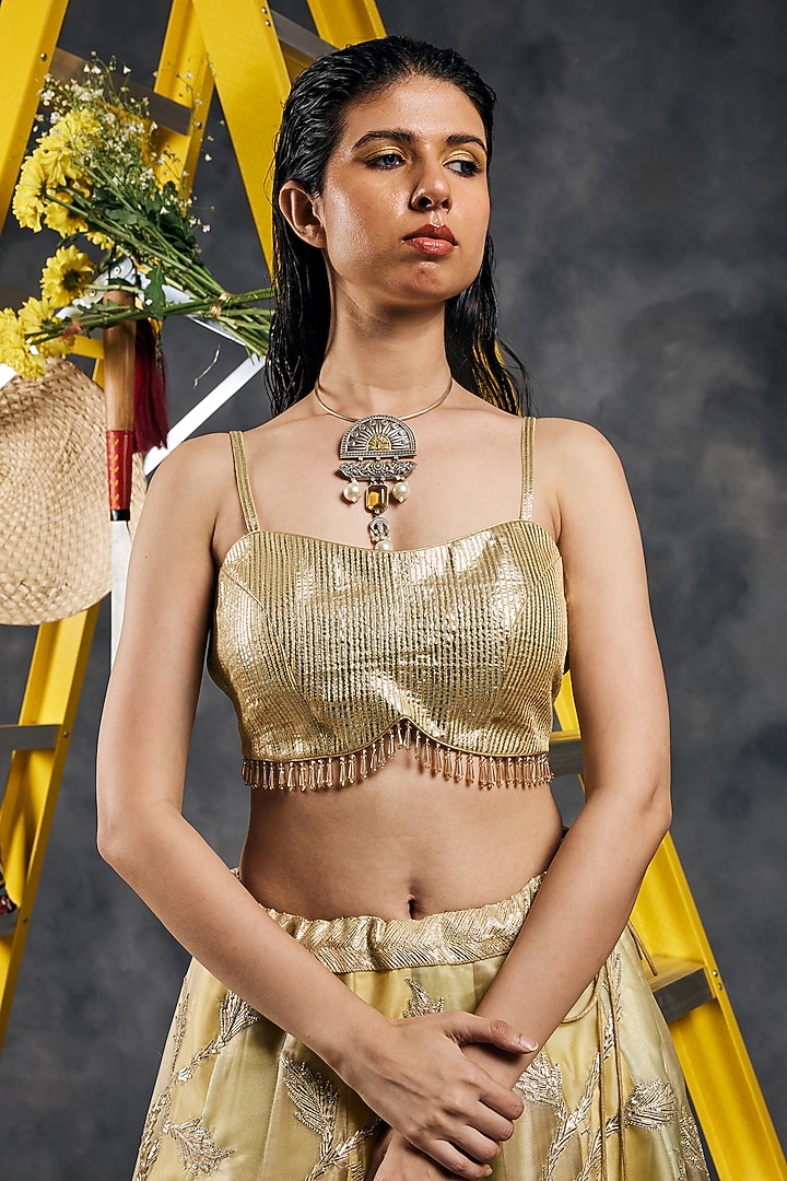 Yellow Shimmer Organza Gota Embroidered Wedding Lehenga Set by Vandana Sethi at Pernia's Pop Up Shop