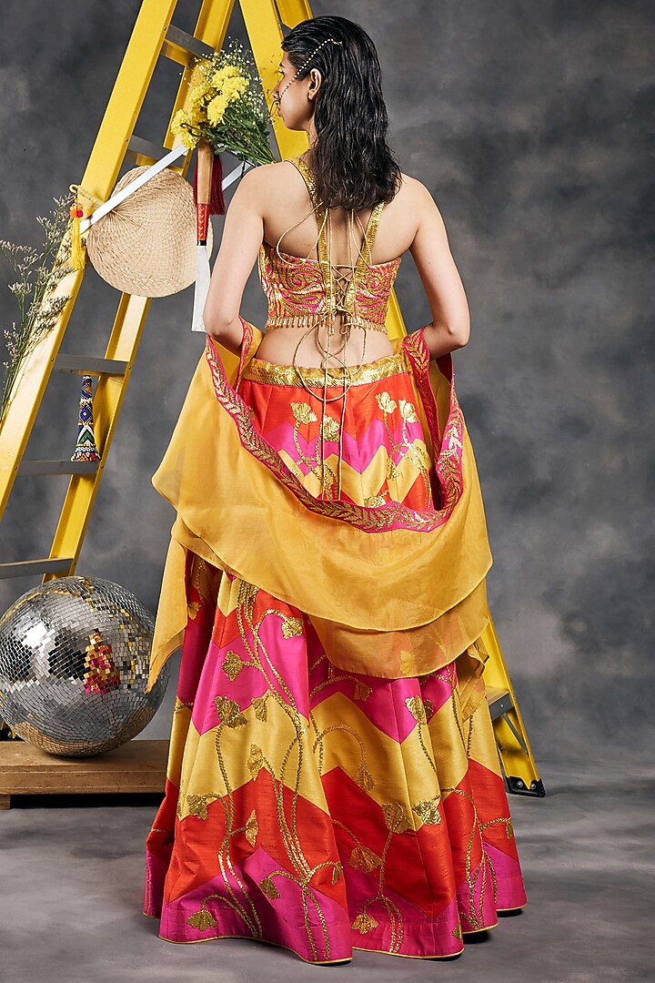 Multi-Colored Dupion Silk Patchwork Wedding Lehenga Set by Vandana Sethi at Pernia's Pop Up Shop