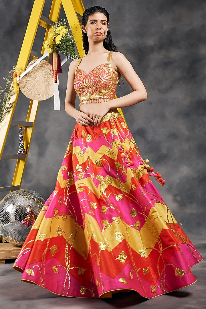 Multi-Colored Dupion Silk Patchwork Wedding Lehenga Set by Vandana Sethi at Pernia's Pop Up Shop