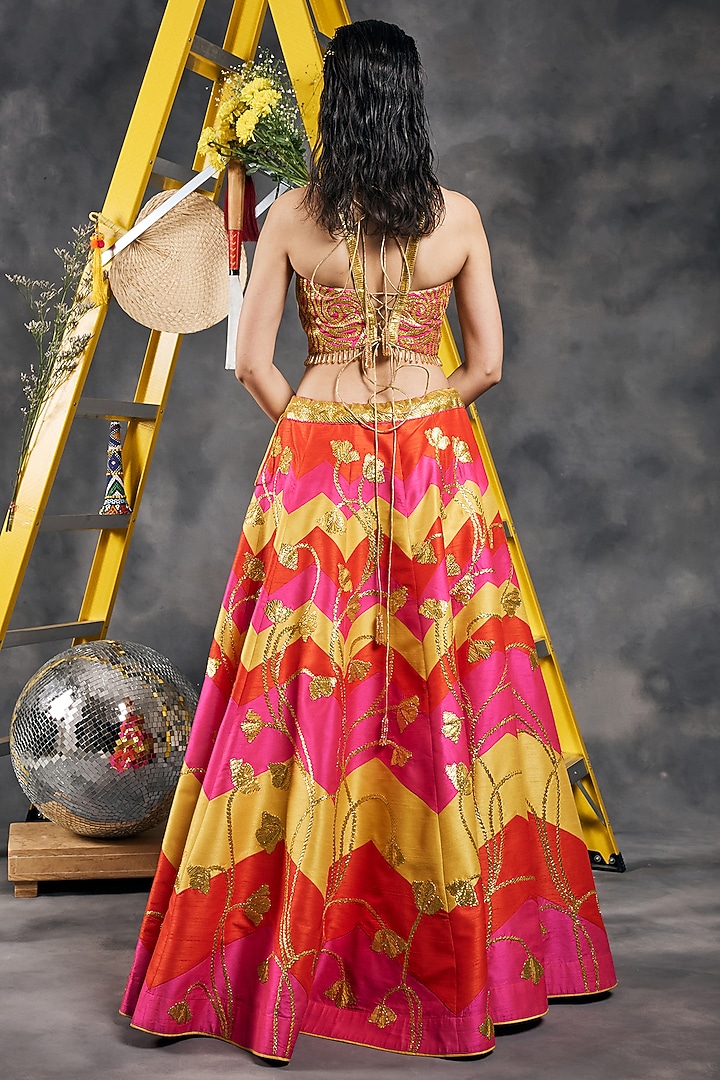 Multi-Colored Dupion Silk Patchwork Wedding Lehenga Set by Vandana Sethi at Pernia's Pop Up Shop