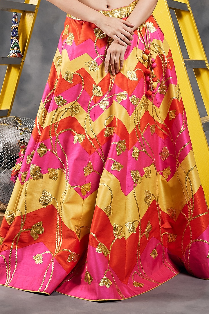Multi-Colored Dupion Silk Patchwork Wedding Lehenga Set by Vandana Sethi at Pernia's Pop Up Shop
