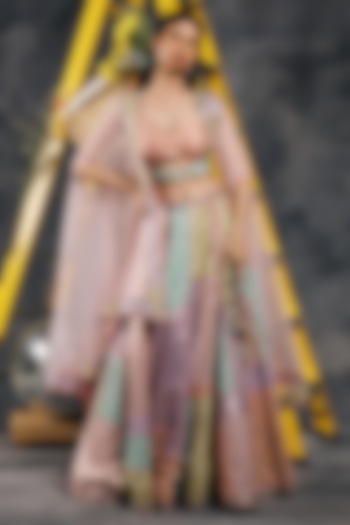Multi-Colored Pastel Chanderi Silk Swarovski Embroidered Wedding Lehenga Set by Vandana Sethi at Pernia's Pop Up Shop