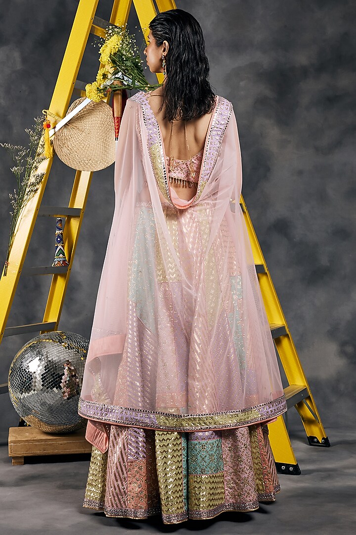 Multi-Colored Pastel Chanderi Silk Swarovski Embroidered Wedding Lehenga Set by Vandana Sethi at Pernia's Pop Up Shop