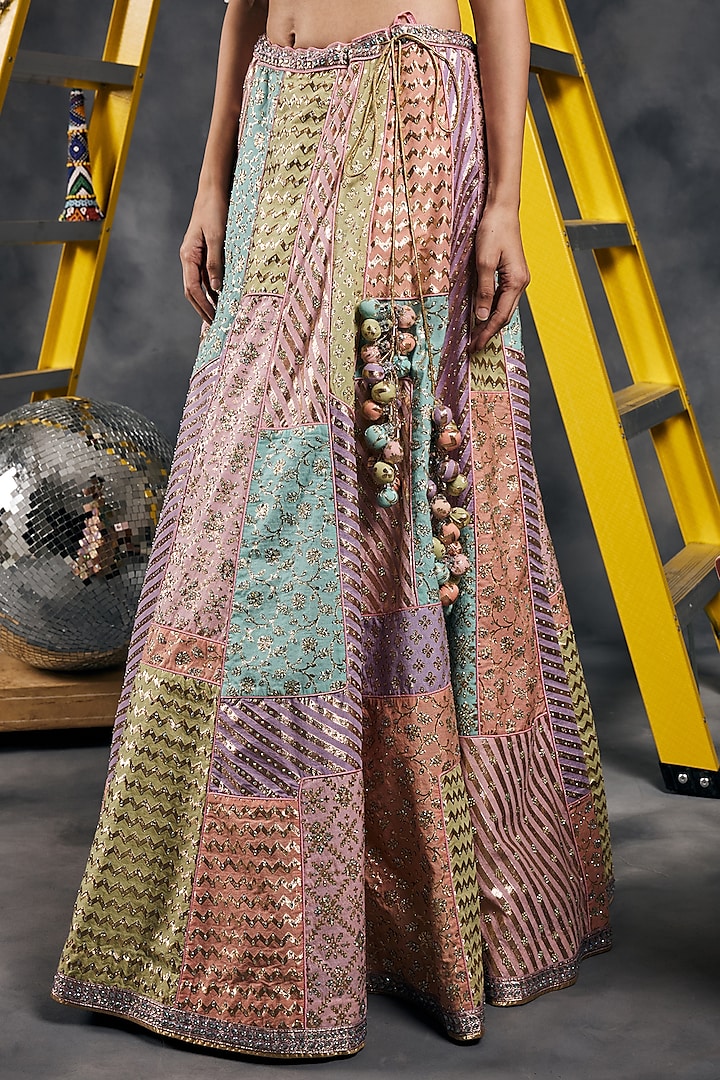 Multi-Colored Pastel Chanderi Silk Swarovski Embroidered Wedding Lehenga Set by Vandana Sethi at Pernia's Pop Up Shop