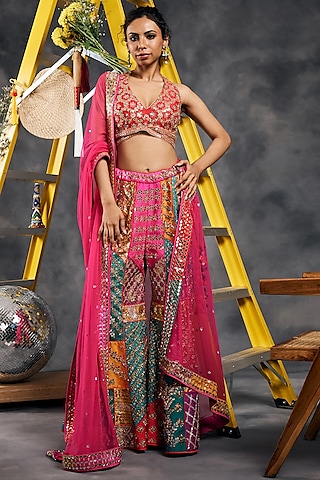 Multi-Colored Dupion Silk & Brocade Sequins Work Gharara Set by Vandana Sethi
