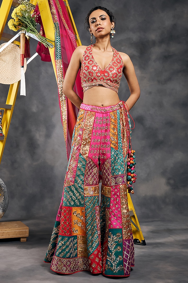 Multi-Colored Dupion Silk & Brocade Sequins Work Gharara Set by Vandana Sethi at Pernia's Pop Up Shop