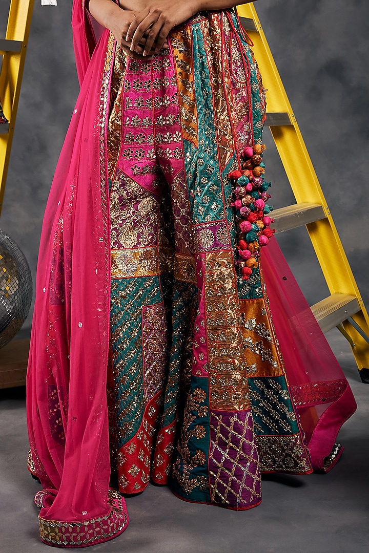Multi-Colored Dupion Silk & Brocade Sequins Work Gharara Set by Vandana Sethi at Pernia's Pop Up Shop