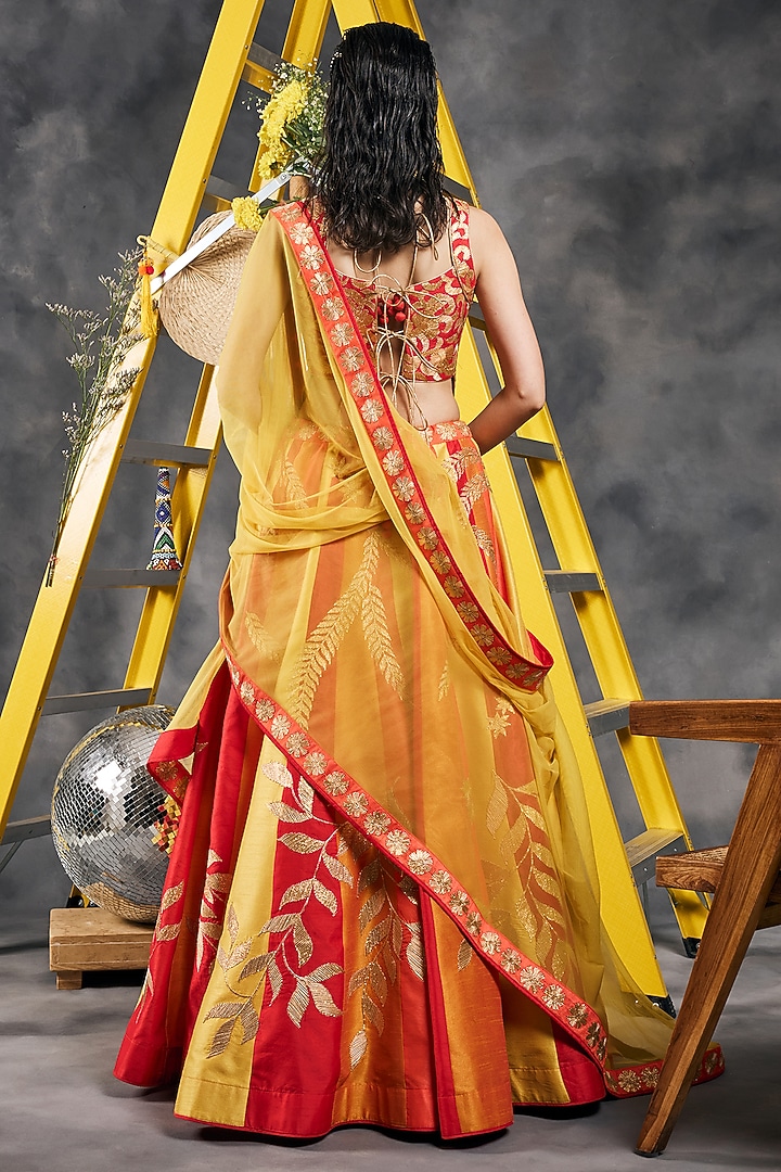 Red Dupion Silk Gota Work Wedding Lehenga Set by Vandana Sethi at Pernia's Pop Up Shop