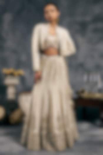 Ivory Shimmer Raw Silk Mirror Work Jacket Bridal Lehenga Set by Vandana Sethi at Pernia's Pop Up Shop