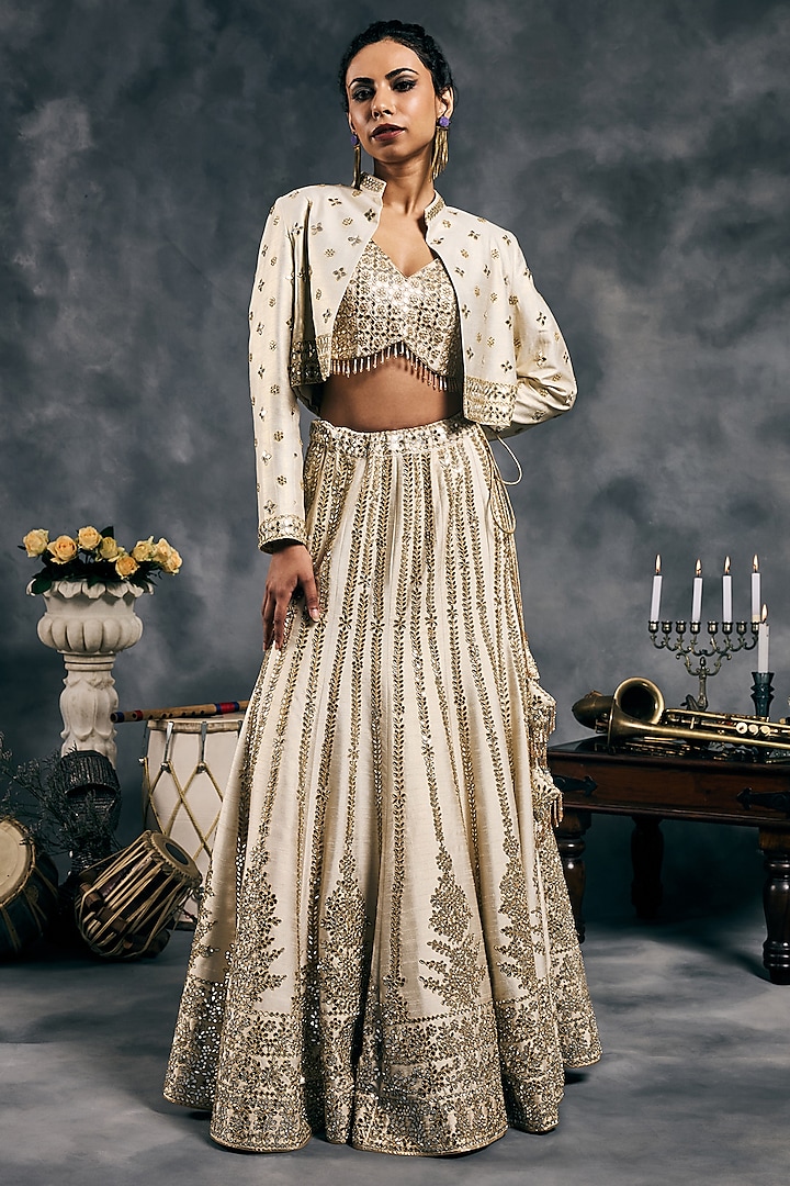 Ivory Shimmer Raw Silk Mirror Work Jacket Bridal Lehenga Set by Vandana Sethi at Pernia's Pop Up Shop