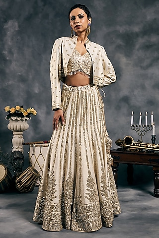Ivory Shimmer Raw Silk Mirror Work Jacket Lehenga Set by Vandana Sethi