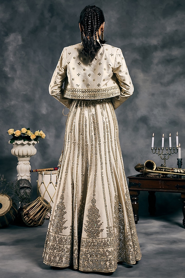 Ivory Shimmer Raw Silk Mirror Work Jacket Bridal Lehenga Set by Vandana Sethi at Pernia's Pop Up Shop