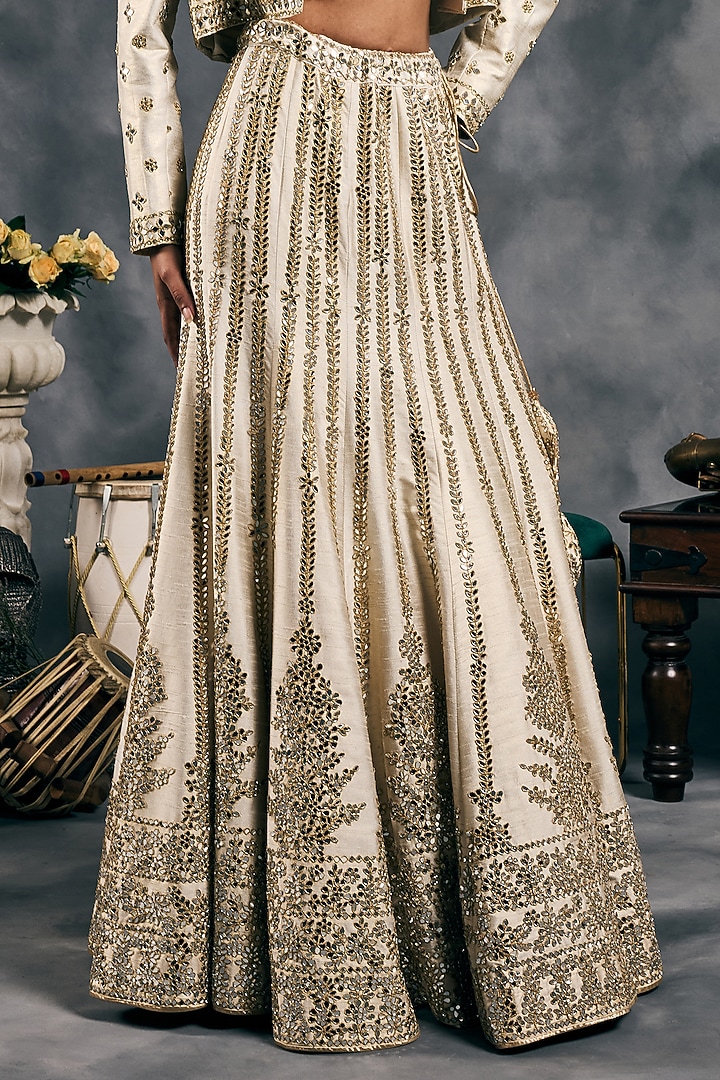 Ivory Shimmer Raw Silk Mirror Work Jacket Bridal Lehenga Set by Vandana Sethi at Pernia's Pop Up Shop