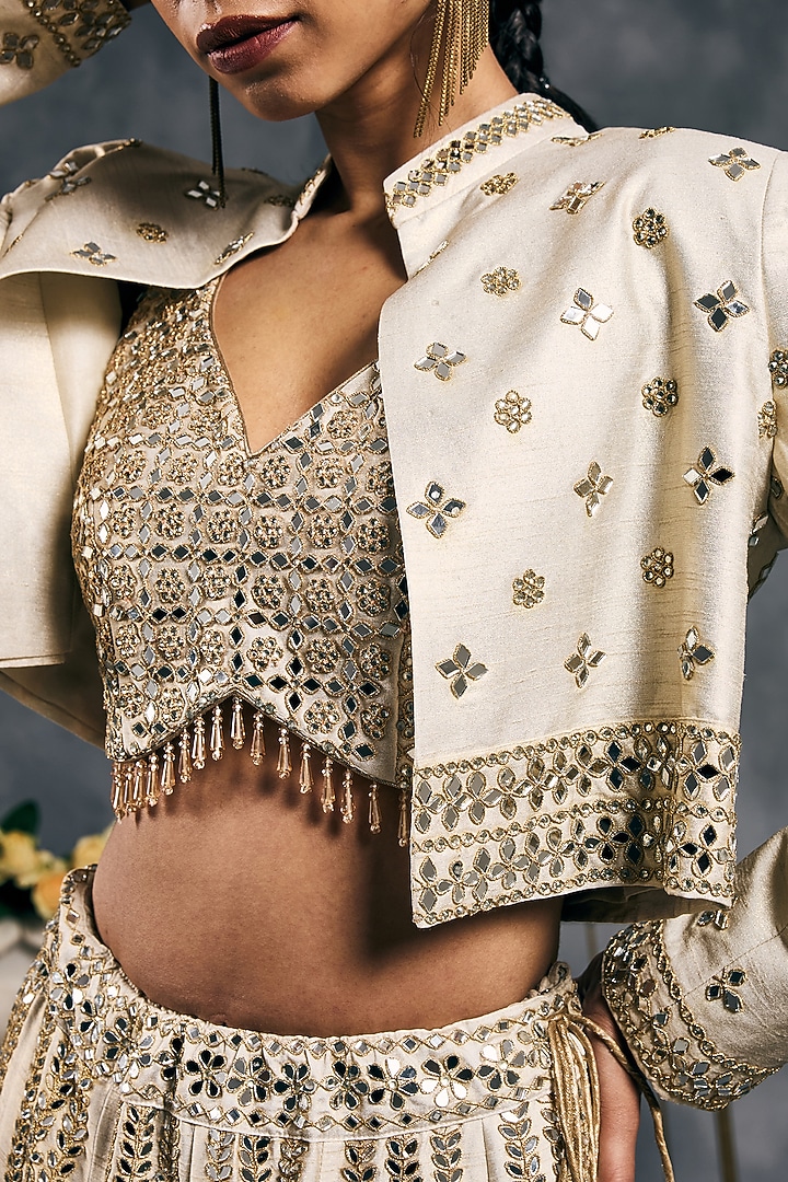Ivory Shimmer Raw Silk Mirror Work Jacket Bridal Lehenga Set by Vandana Sethi at Pernia's Pop Up Shop