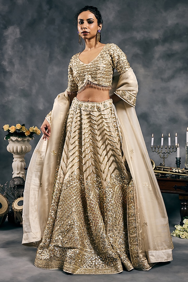 Ivory Shimmer Organza Gota Work Bridal Lehenga Set by Vandana Sethi at Pernia's Pop Up Shop