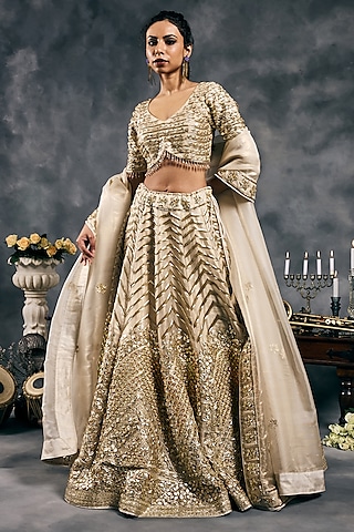 Ivory Shimmer Organza Gota Work Lehenga Set by Vandana Sethi