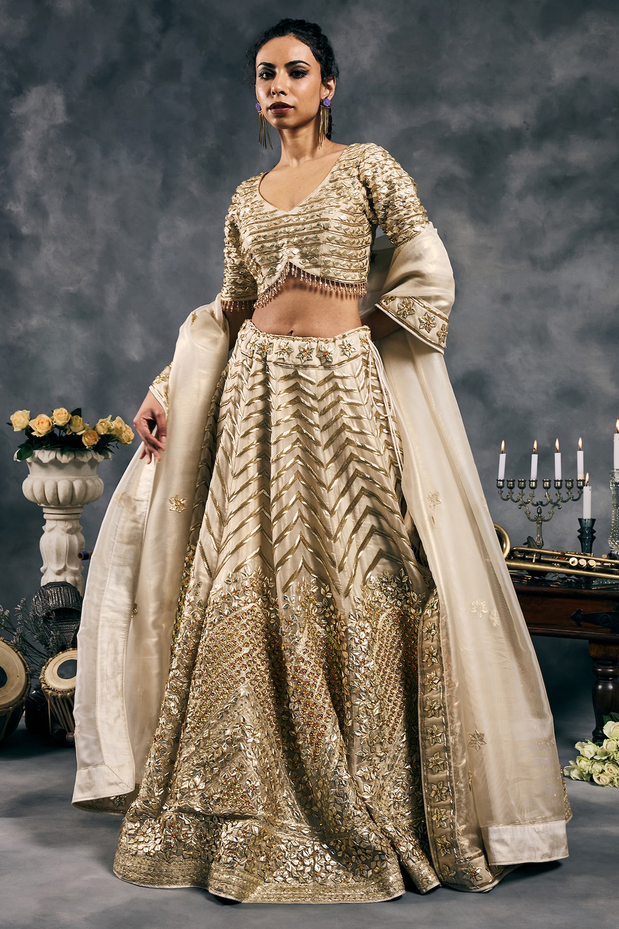 Ivory Shimmer Organza Gota Work Bridal Lehenga Set by Vandana
