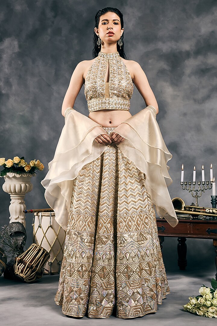 Ivory Shimmer Raw Silk Sequins Work Bridal Lehenga Set by Vandana Sethi at Pernia's Pop Up Shop