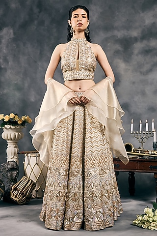 Ivory Shimmer Raw Silk Sequins Work Lehenga Set by Vandana Sethi