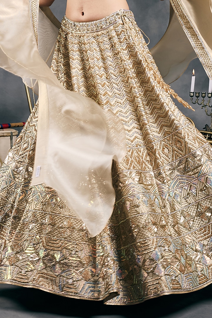 Ivory Shimmer Raw Silk Sequins Work Bridal Lehenga Set by Vandana Sethi at Pernia's Pop Up Shop