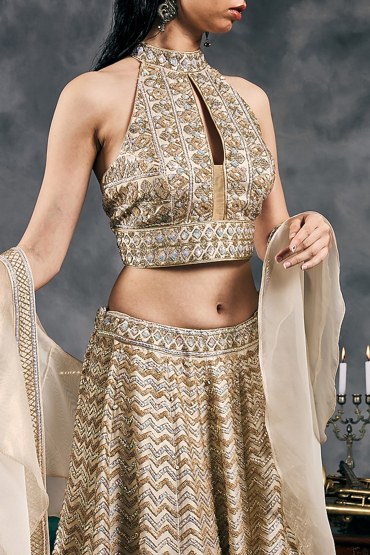 Ivory Shimmer Raw Silk Sequins Work Bridal Lehenga Set by Vandana Sethi at Pernia's Pop Up Shop