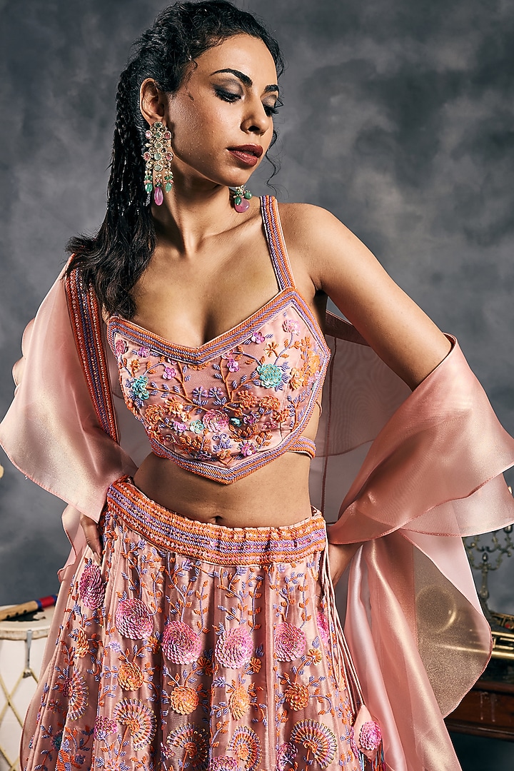 Blush Pink Shimmer Organza Bead Work Wedding Lehenga Set by Vandana Sethi at Pernia's Pop Up Shop