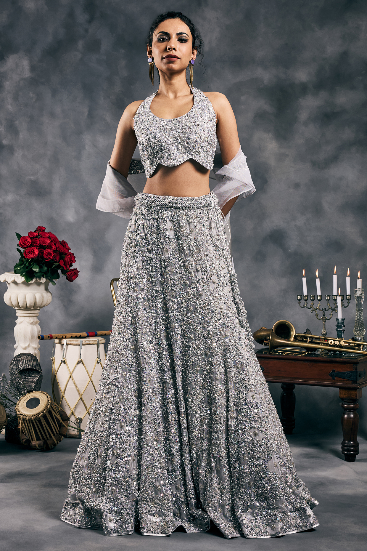 Silver Net Sequins Work Bridal Lehenga Set by Vandana Sethi at Pernia's Pop Up Shop