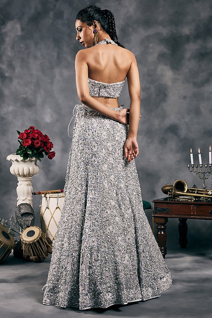 Silver Net Sequins Work Bridal Lehenga Set by Vandana Sethi at Pernia's Pop Up Shop