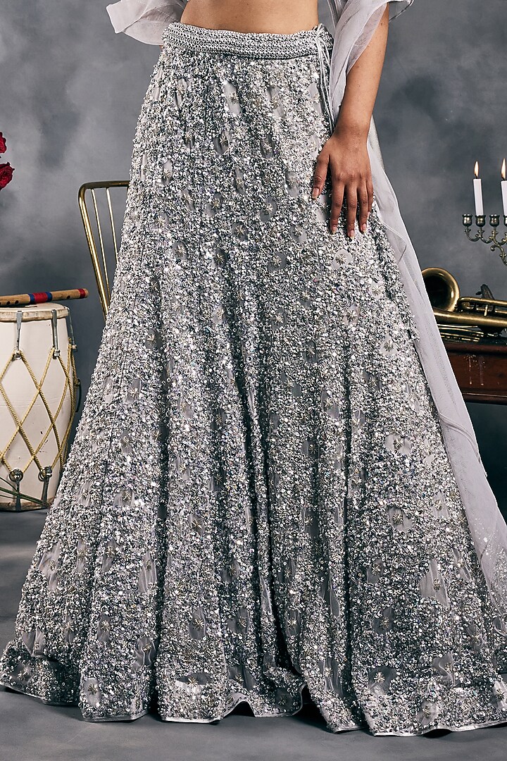 Silver Net Sequins Work Bridal Lehenga Set by Vandana Sethi at Pernia's Pop Up Shop
