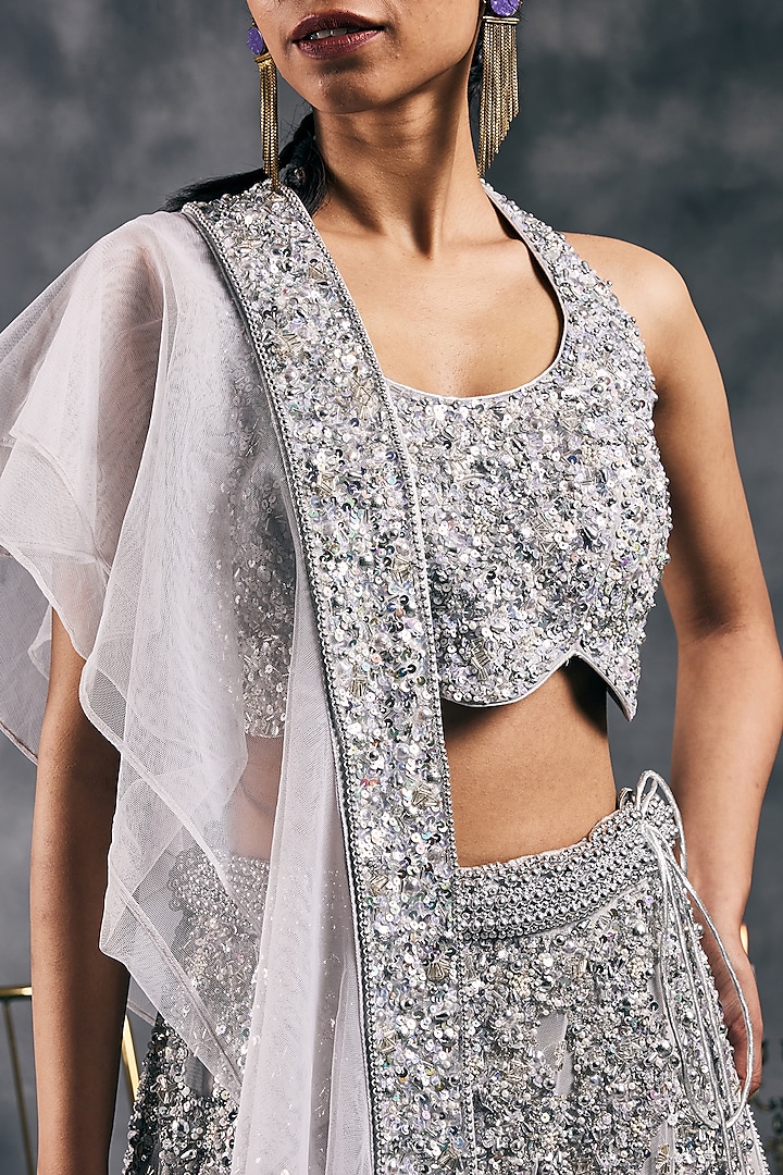 Silver Net Sequins Work Bridal Lehenga Set by Vandana Sethi at Pernia's Pop Up Shop