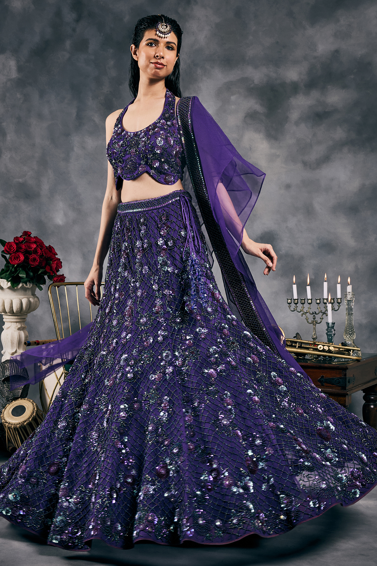 Purple Net Sequins Work Fish-Cut Bridal Lehenga Set by Vandana Sethi at Pernia's Pop Up Shop