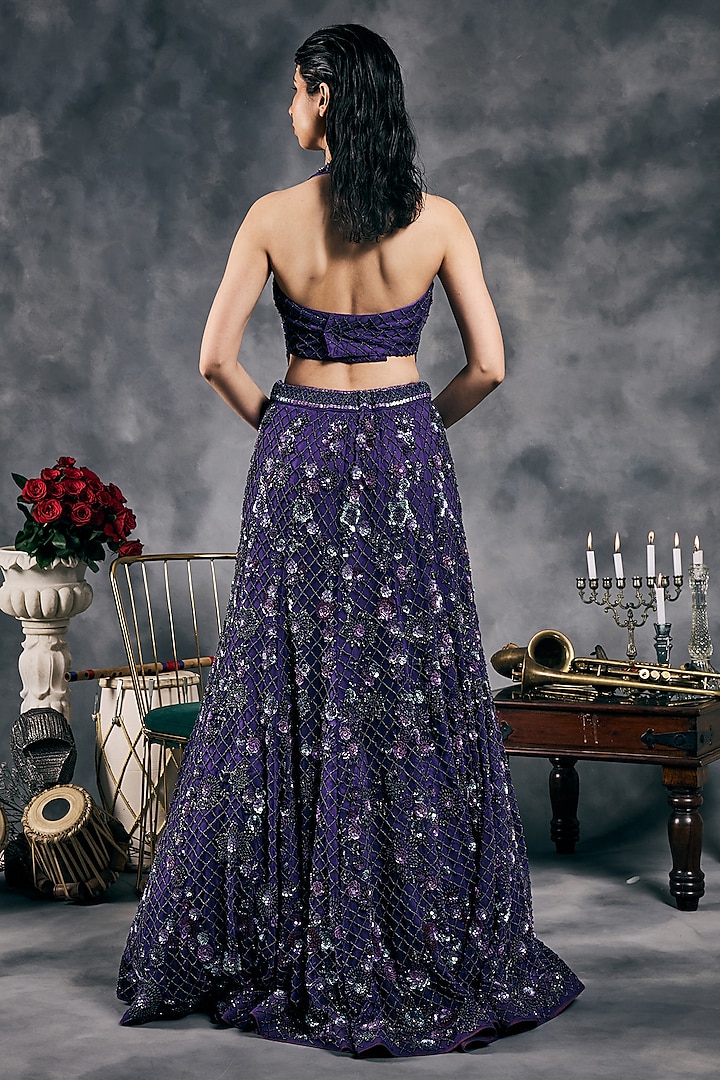Purple Net Sequins Work Fish-Cut Bridal Lehenga Set by Vandana Sethi at Pernia's Pop Up Shop