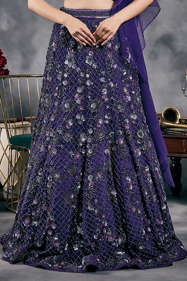Purple Net Sequins Work Fish-Cut Bridal Lehenga Set by Vandana Sethi at Pernia's Pop Up Shop