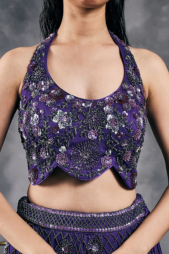 Purple Net Sequins Work Fish-Cut Bridal Lehenga Set by Vandana Sethi at Pernia's Pop Up Shop