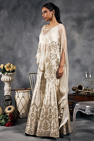 Ivory Shimmer Raw Silk Mirror Work Sharara Set by Vandana Sethi