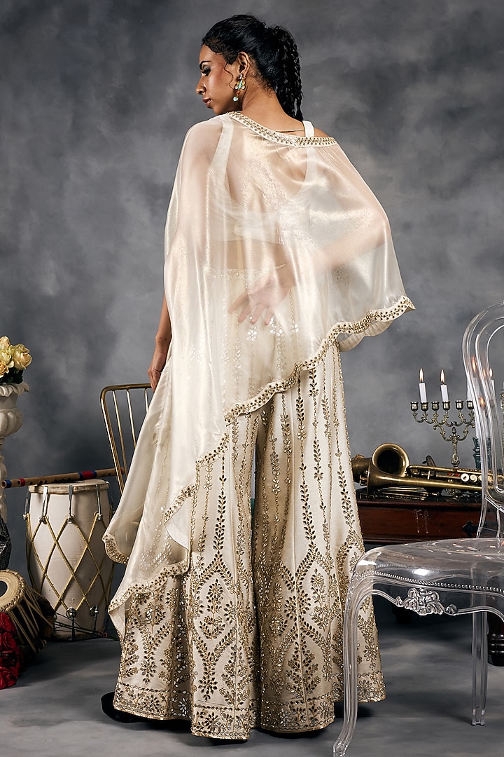 Ivory Shimmer Raw Silk Mirror Work Bridal Sharara Set by Vandana Sethi at Pernia's Pop Up Shop