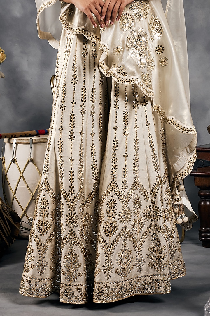 Ivory Shimmer Raw Silk Mirror Work Bridal Sharara Set by Vandana Sethi at Pernia's Pop Up Shop