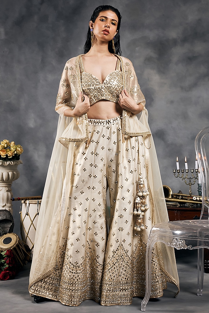 Ivory Shimmer Raw Silk Mirror Work Bridal Sharara Set by Vandana Sethi at Pernia's Pop Up Shop