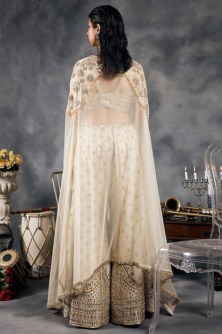 Ivory Shimmer Raw Silk Mirror Work Bridal Sharara Set by Vandana Sethi at Pernia's Pop Up Shop