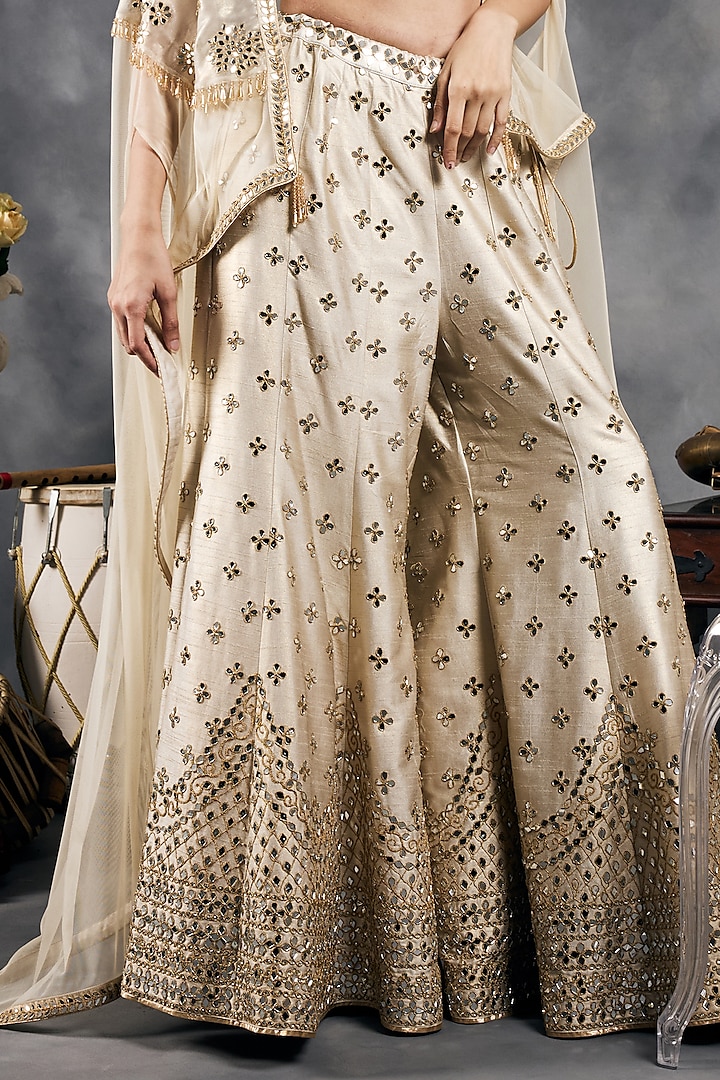Ivory Shimmer Raw Silk Mirror Work Bridal Sharara Set by Vandana Sethi at Pernia's Pop Up Shop