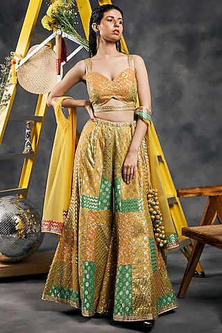 Multi-Colored Chanderi Silk Swarovski Work Sharara Set by Vandana Sethi