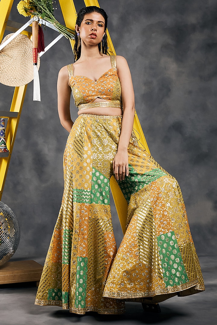 Multi-Colored Chanderi Silk Swarovski Work Bridal Sharara Set by Vandana Sethi at Pernia's Pop Up Shop
