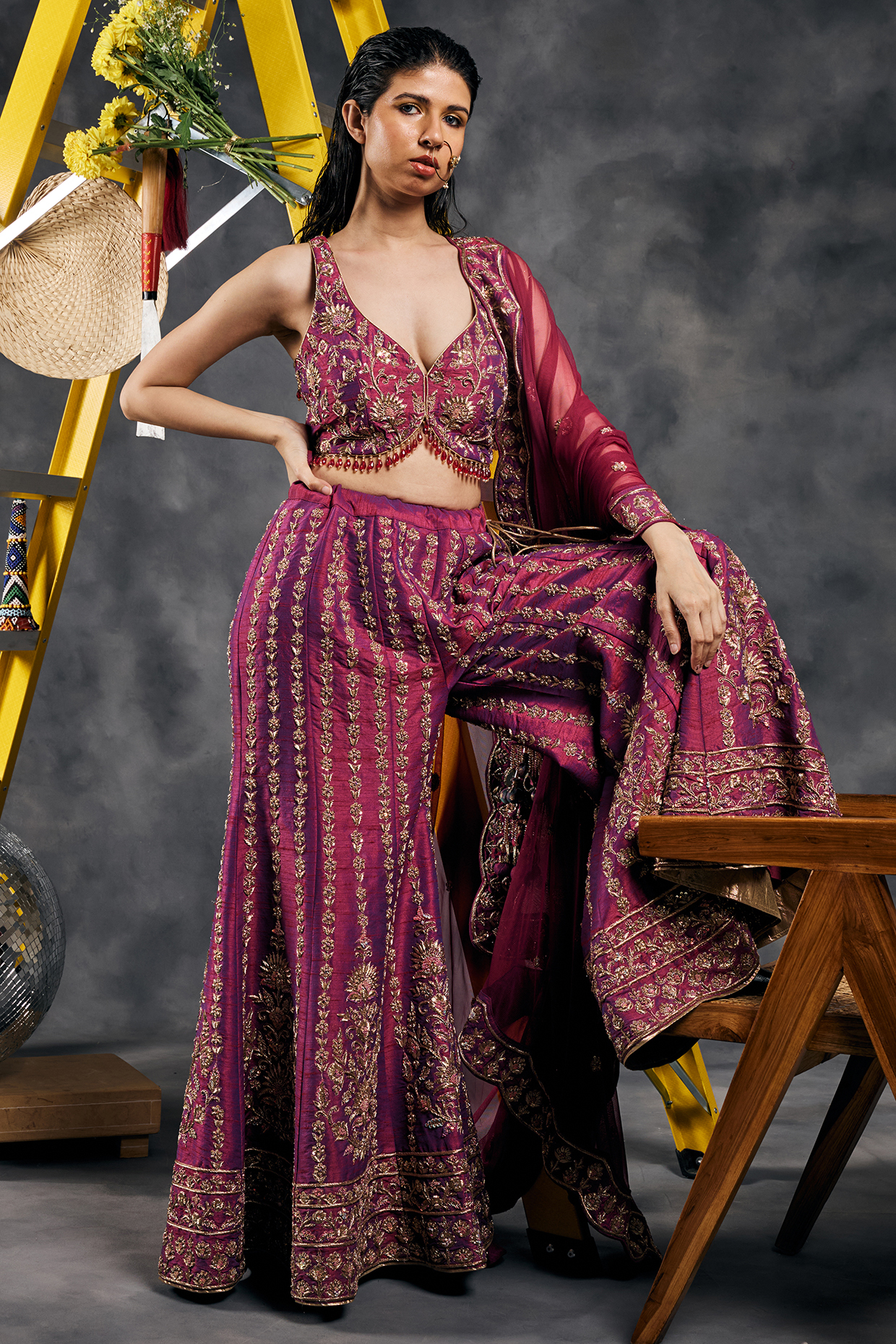Plum Dupion Silk Dabka Work Bridal Sharara Set by Vandana Sethi at Pernia's Pop Up Shop