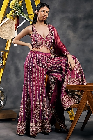 Plum Dupion Silk Dabka Work Sharara Set by Vandana Sethi
