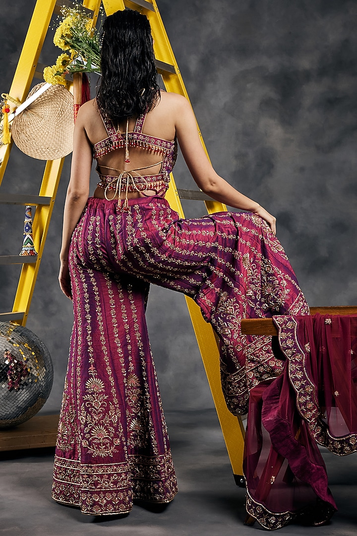 Plum Dupion Silk Dabka Work Bridal Sharara Set by Vandana Sethi at Pernia's Pop Up Shop