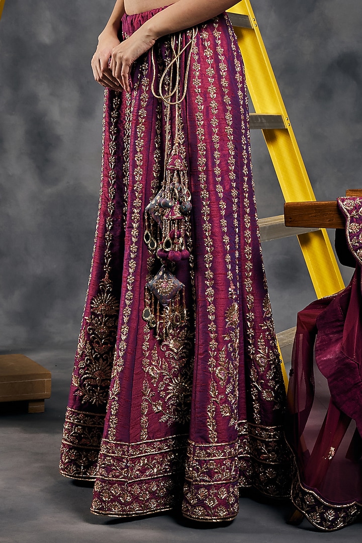 Plum Dupion Silk Dabka Work Bridal Sharara Set by Vandana Sethi at Pernia's Pop Up Shop
