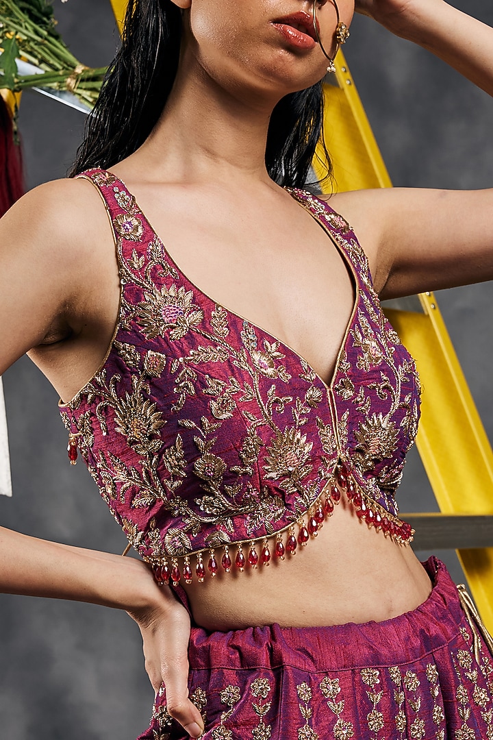 Plum Dupion Silk Dabka Work Bridal Sharara Set by Vandana Sethi at Pernia's Pop Up Shop