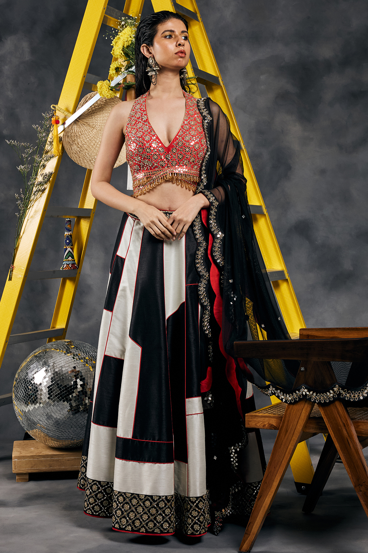 Black & White Dupion Silk Mirror Work Wedding Lehenga Set by Vandana Sethi at Pernia's Pop Up Shop