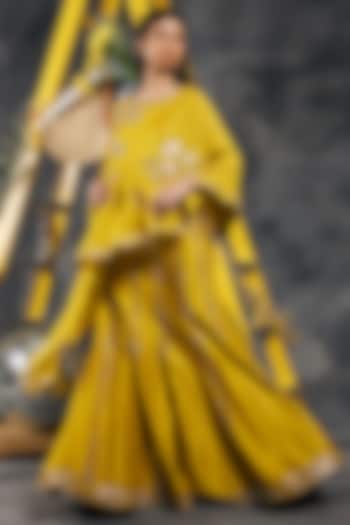 Olive Soft Silk Mirror Work Fish-Cut Wedding Lehenga Set by Vandana Sethi at Pernia's Pop Up Shop