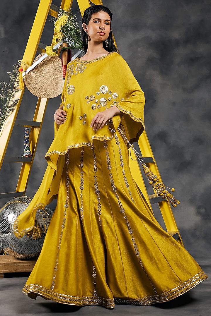 Olive Soft Silk Mirror Work Fish-Cut Wedding Lehenga Set by Vandana Sethi at Pernia's Pop Up Shop